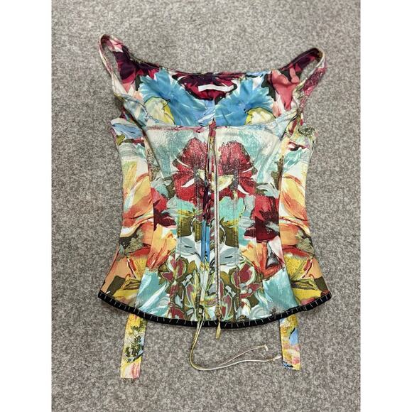 Roberto Cavalli S/S 2003 Bustier Corset Floral Abstract Print Denim Silk Top - Picture 1 of 12